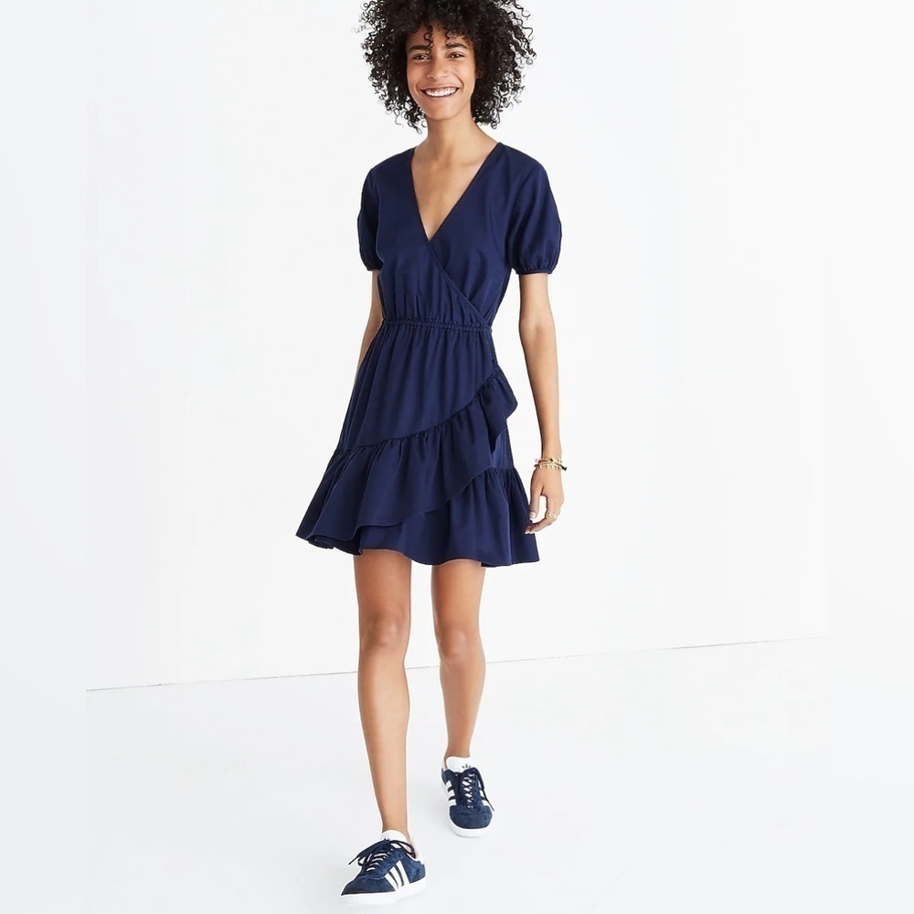 Madewell align short sleeve ruffle-wrap mini dress with v-neck in night sky navy